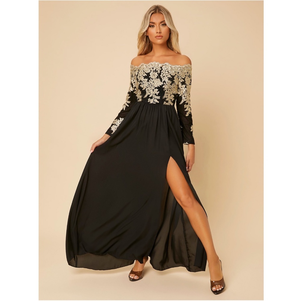 Off Shoulder Embroidered High Slit Maxi Dress Black Gold Long Sleeve - Picture 8 of 16